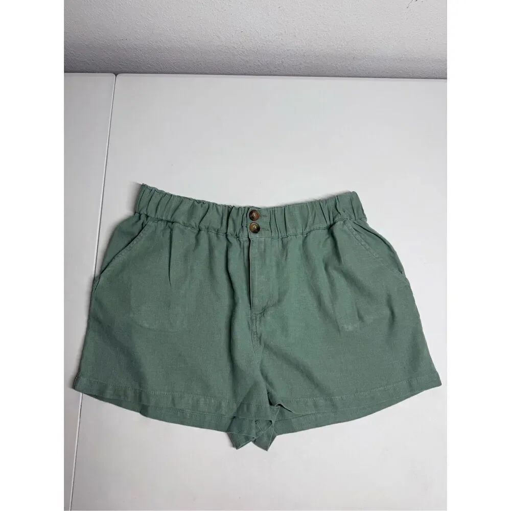 Forever 21 Women’s Linen Blend Elastic Waist 2 Buttons Pockets Green Shorts Sz L